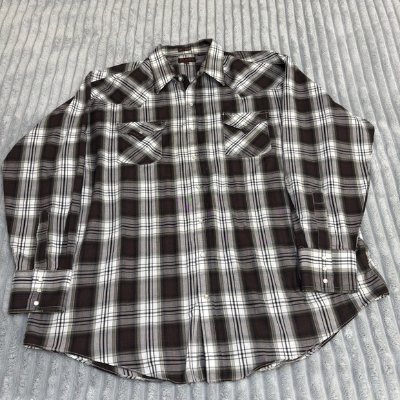 Plains Western Wear Shirt Tall Men's Size XXLT Long Sleeve Pearl SnapPlaid Brown - Picture 1 of 11